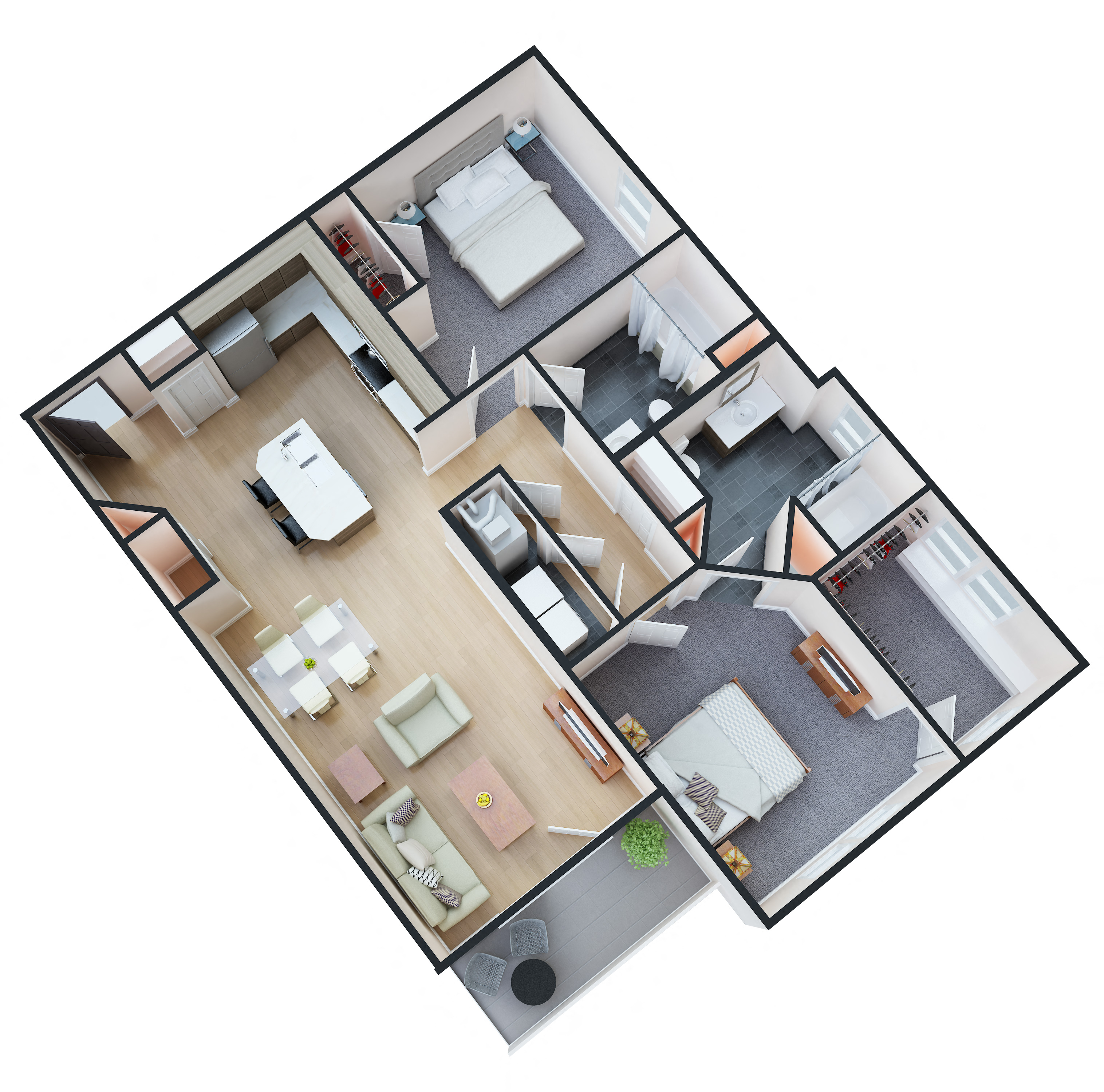 Floor plan for 2 beds, 2 baths, 1051 sqft